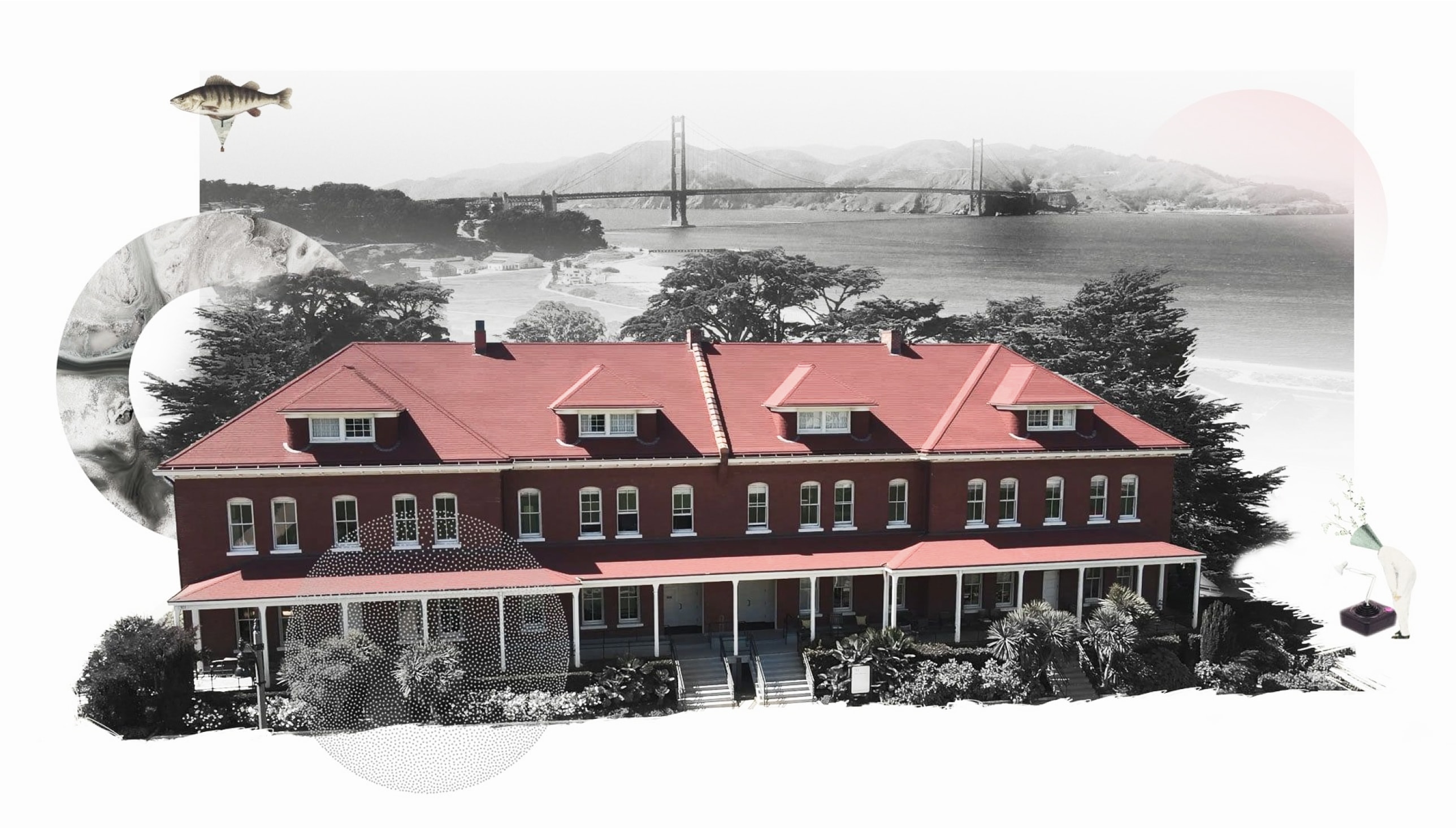 Exterior of the House of Web3, with the Golden Gate Bridge in the background