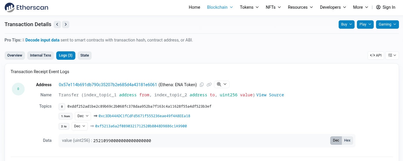 Etherscan log details showing token transfer with topic2 as recipient address