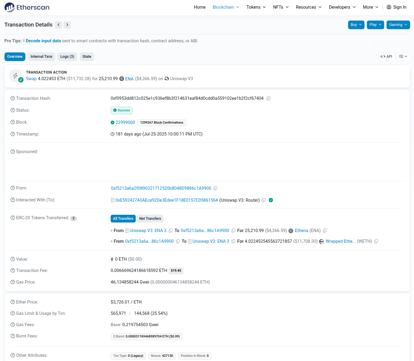 Etherscan transaction details showing a Swap on Uniswap V3